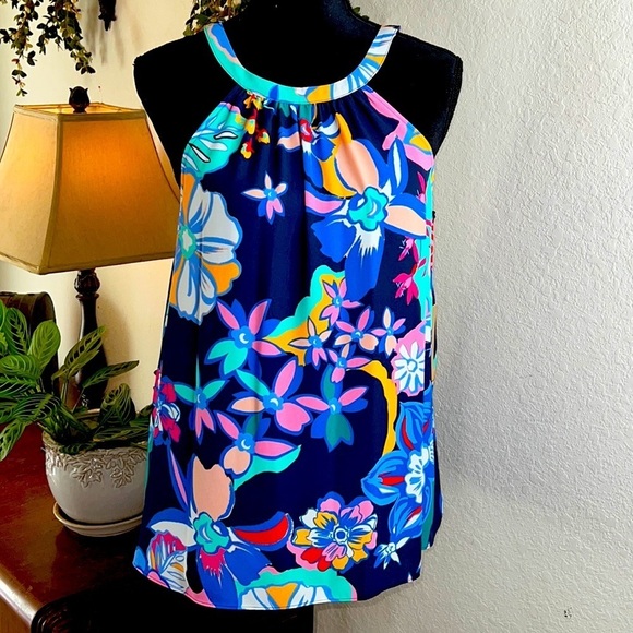 Halogen Tops - NWT Halogen | Navy Blue Pop Floral Print Tie Neck Flowy Blouse | Size Medium